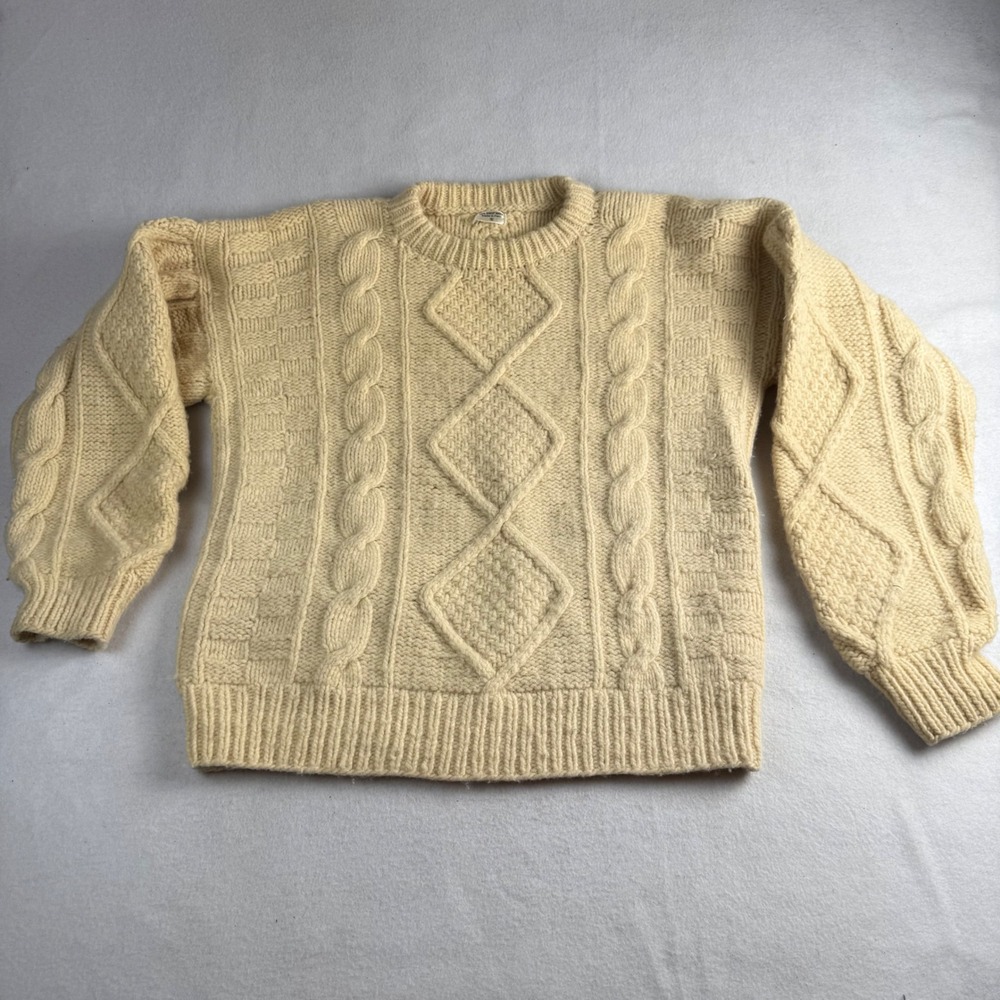 Vintage Peru 100% Sheep Wool Cable Knit Fisherman Sweater Cream Womens Small